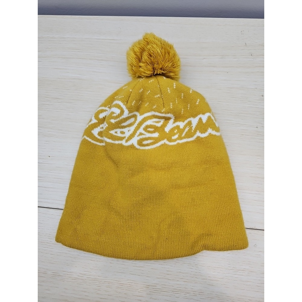 Vtg L.L.Bean Beanie Solid Knit Pompom Mustard Yellow Spell Out ‎ 511849